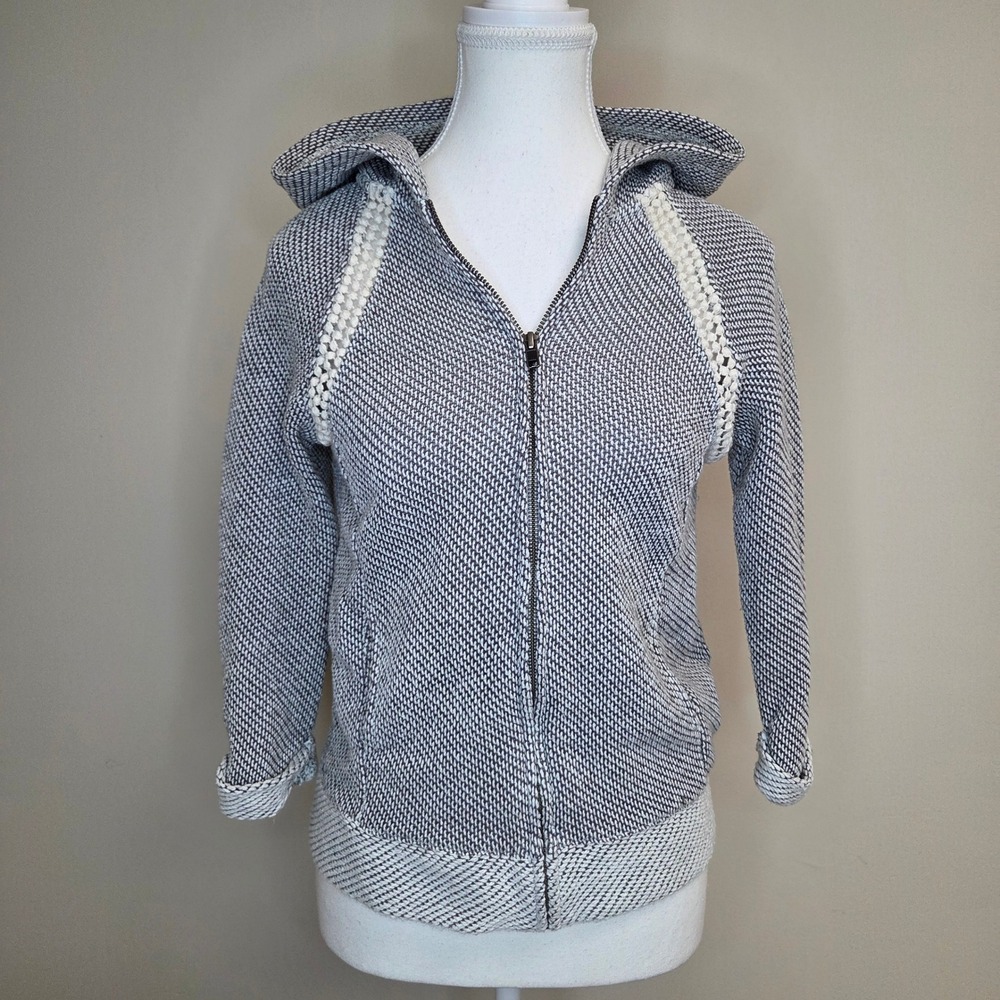 Lucky Brand Lucky Lotus Grey White Textured Knit‎ Crochet Trim Zip Up Hoodie S
